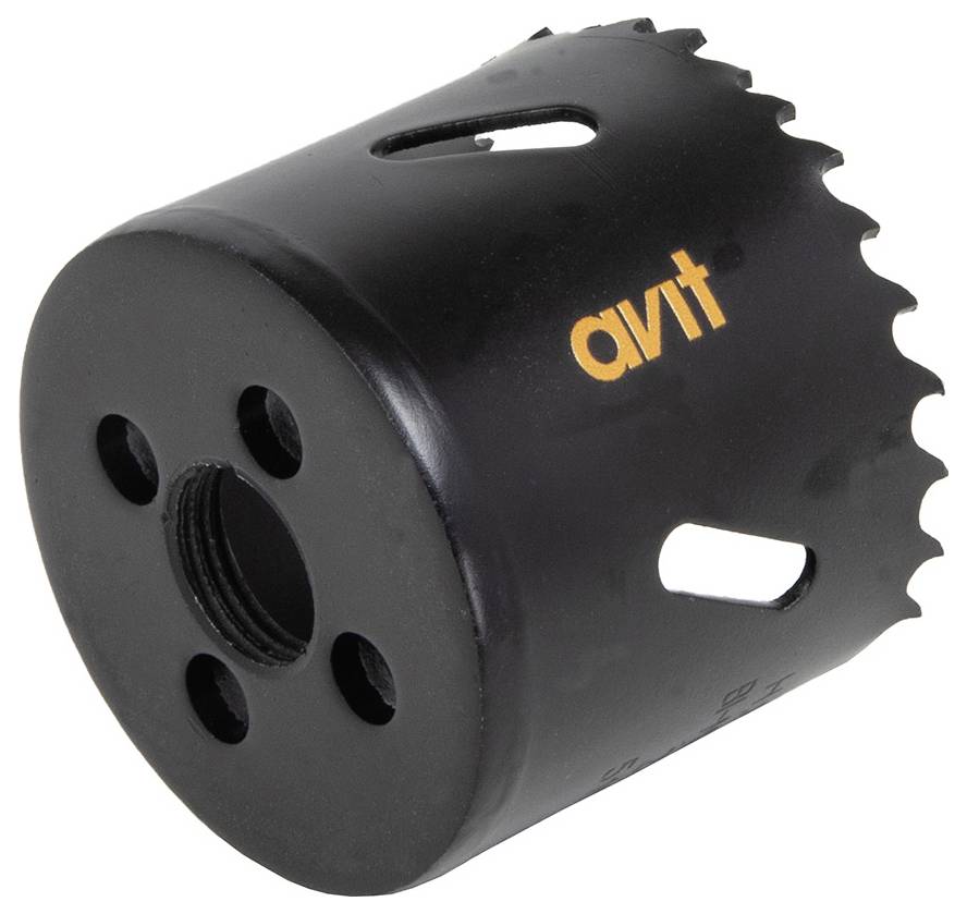 A black hole saw with a serrated edge and ventilation slots, marked with orange 'avr' lettering, used for cutting circular holes in materials.