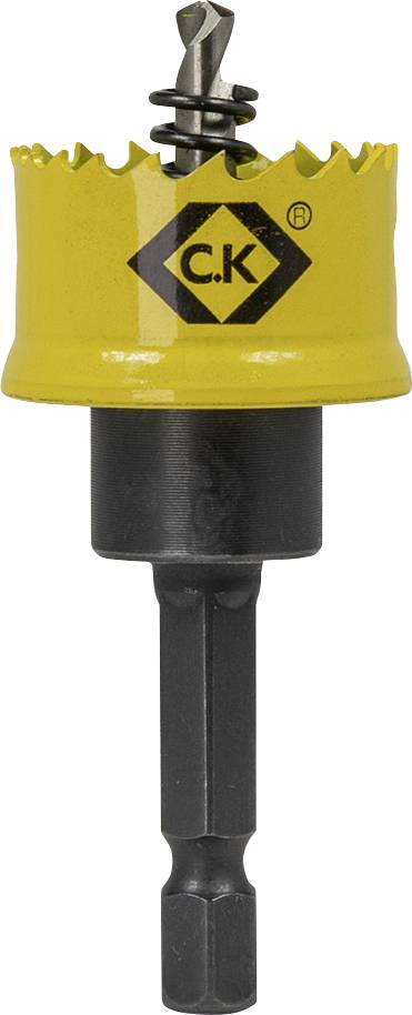 A yellow hole saw drill bit with a jagged edge and 'C.K' logo, attached to a black shank, used for cutting holes in materials.