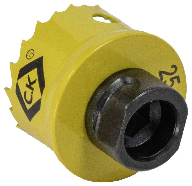 A yellow hole saw drill bit with jagged cutting edge and hexagonal socket, labeled with the CK logo and number '25'.