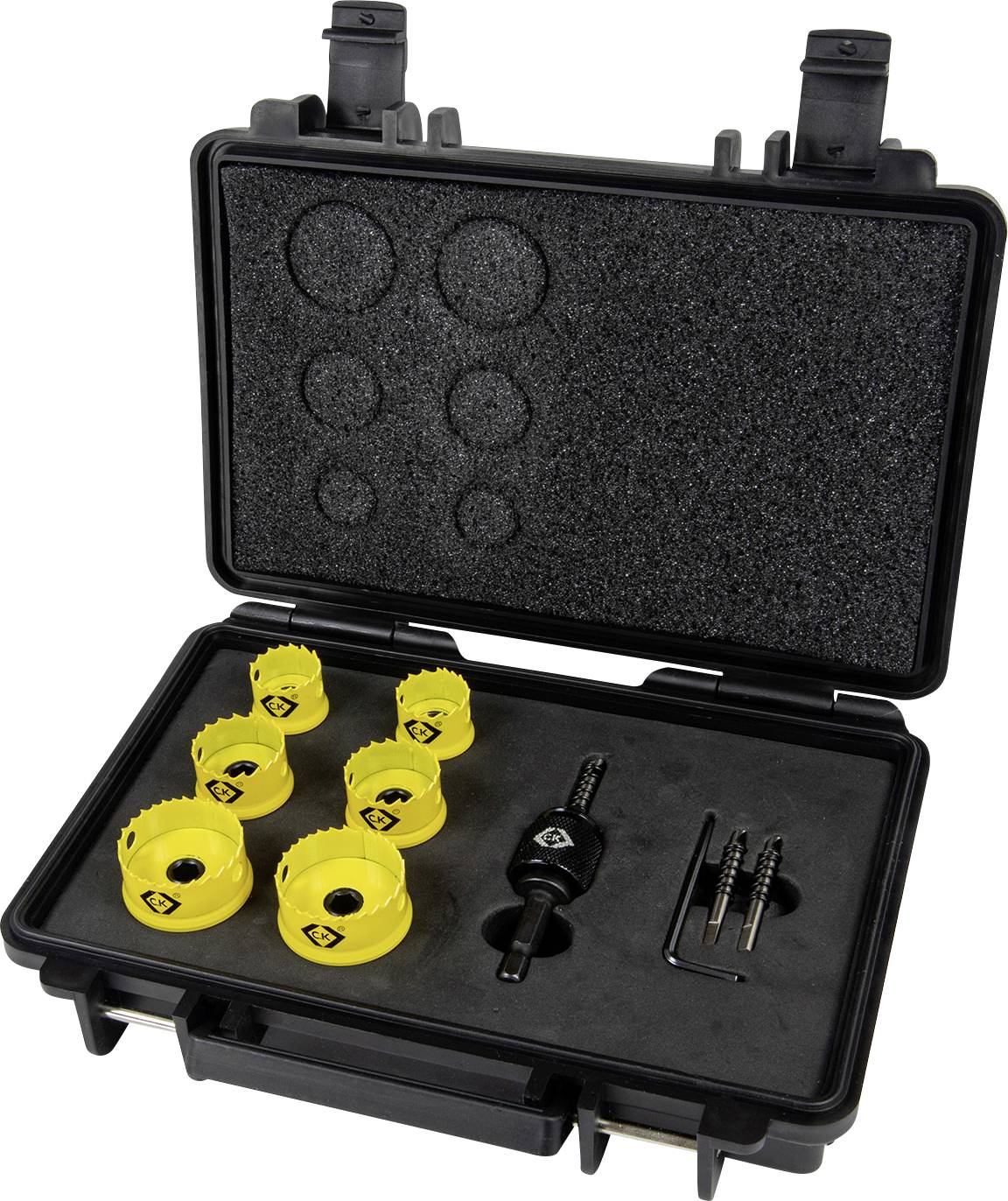 An open black carrying case displaying five yellow hole saw bits, a mandrel, and two pilot drills organized in foam cutouts.