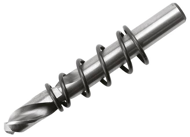A metal drill bit intertwined with a coiled spring, showing the spring wrapped around the body of the bit.