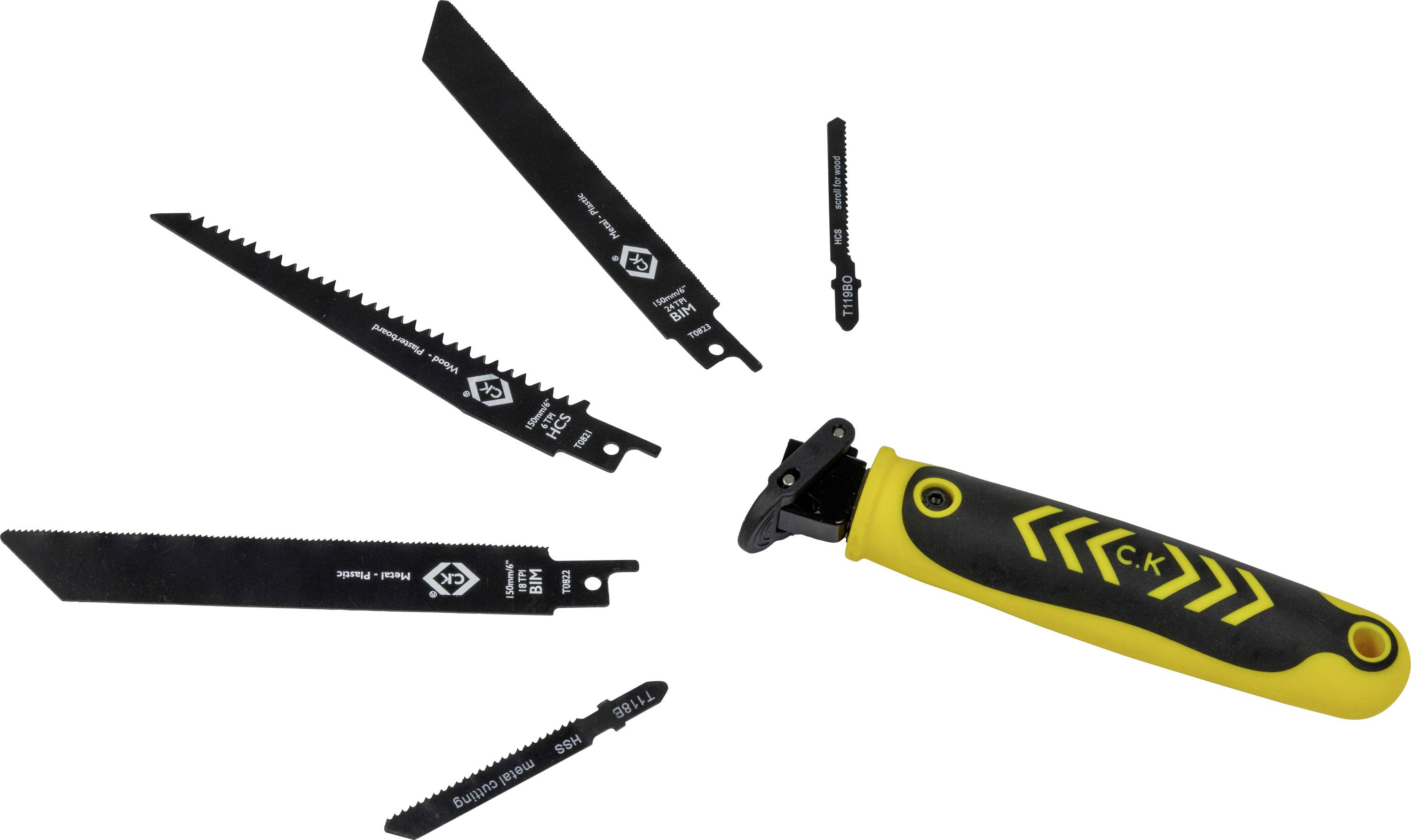 A yellow and black multi-blade hand saw with interchangeable blades of various shapes and sizes spread out, showing tool versatility.
