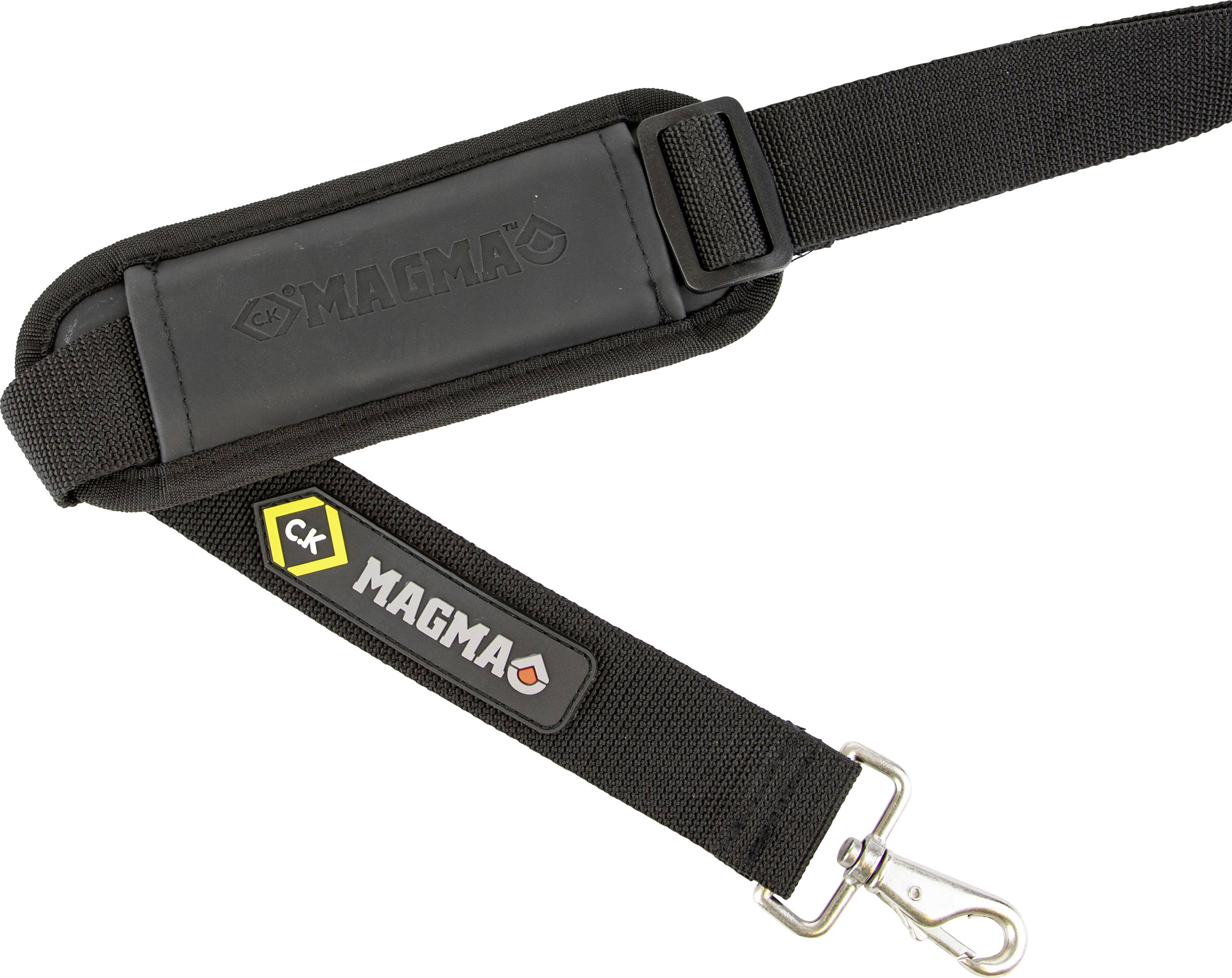 A black adjustable shoulder strap with padded support. Features 'MAGMA' branding and a hook clip for attaching to a bag or case.
