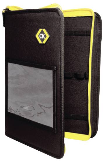A black zippered case with yellow lining, featuring a transparent window on the front and the logo 'CK'. The case appears open, revealing storage slots inside.