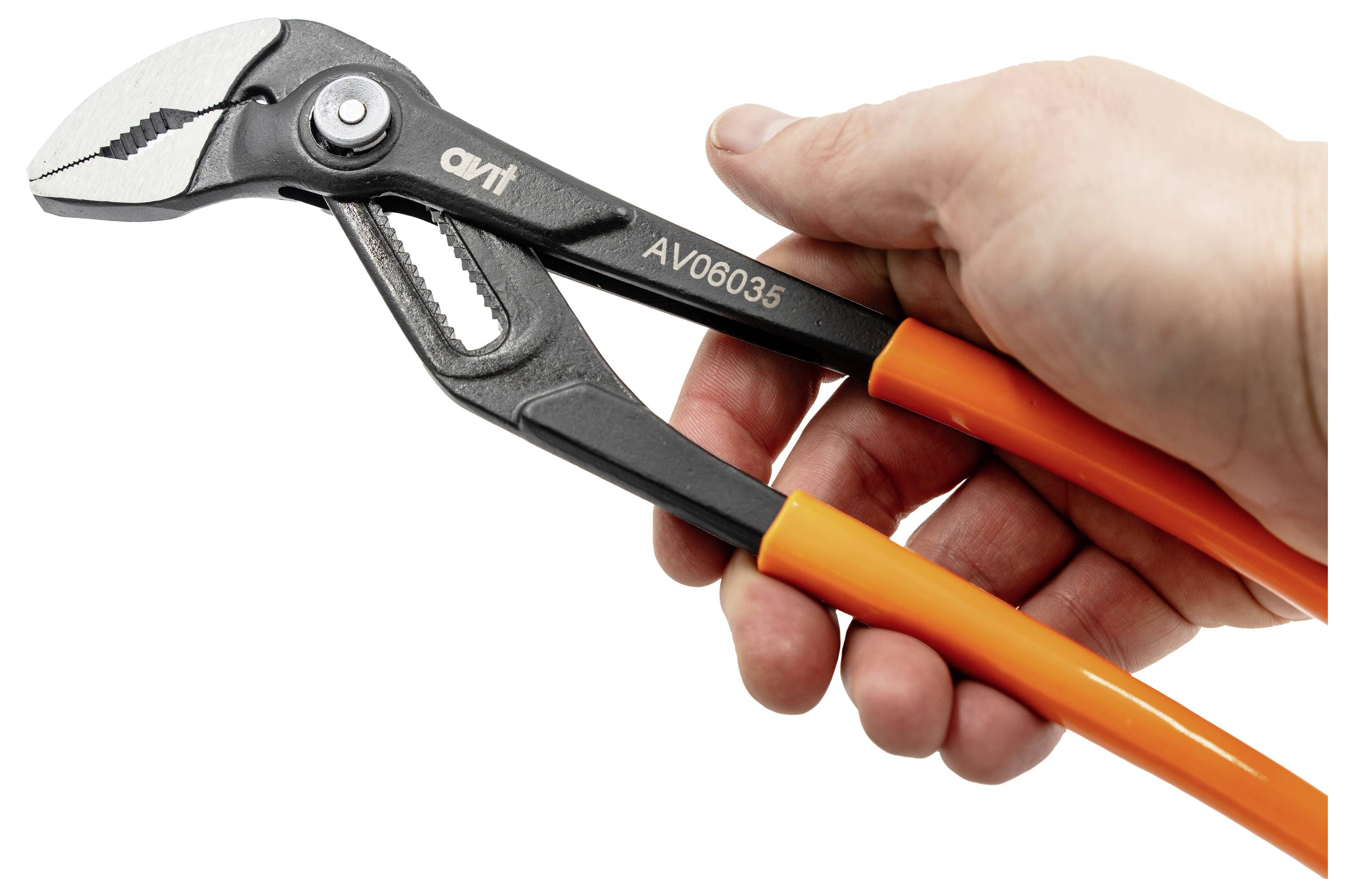 A hand holding orange-handled adjustable pliers marked with 'AV06035'.
