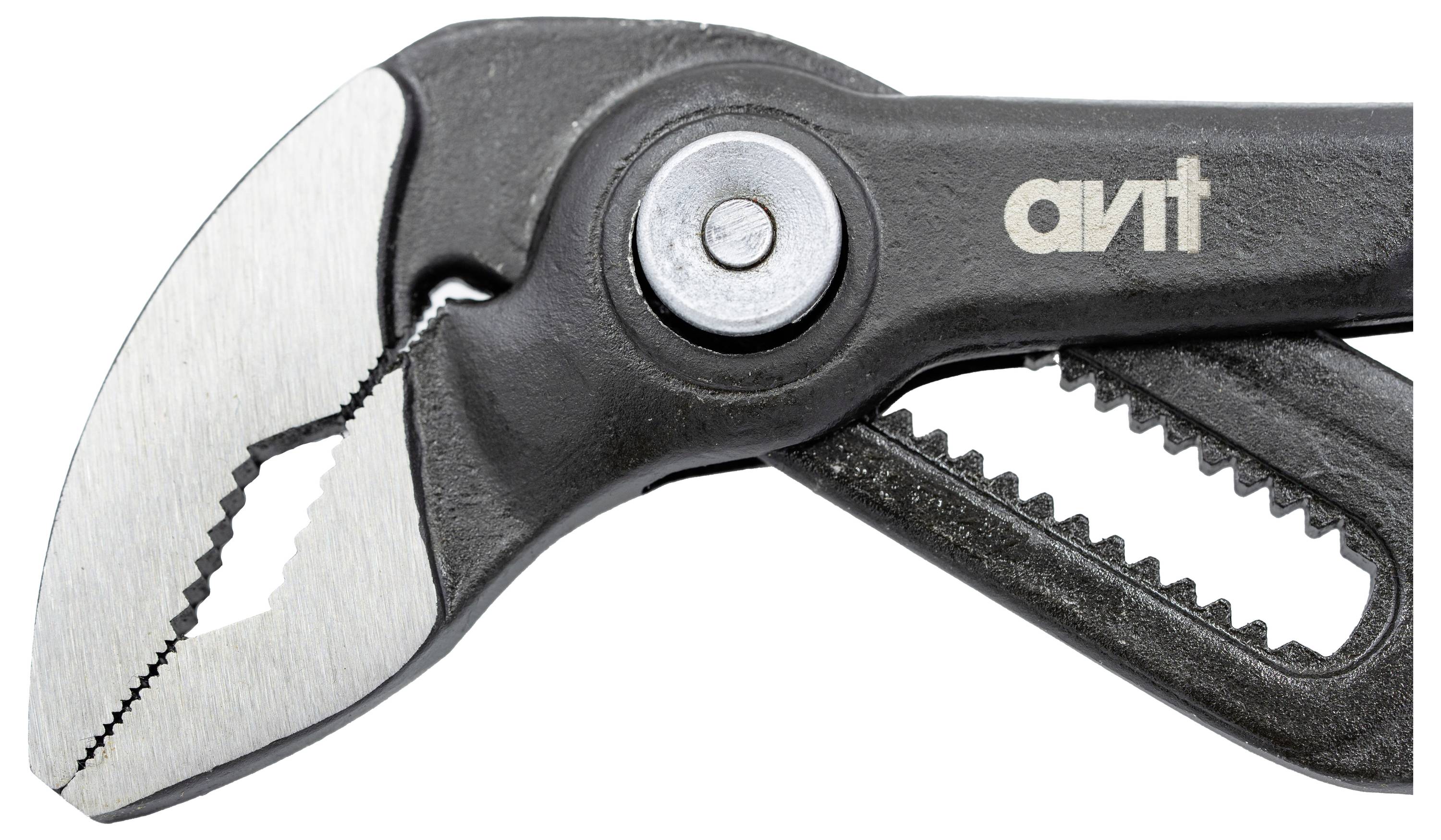 An adjustable wrench with black and metallic components, featuring a serrated jaw and marked 'avit' on the handle.