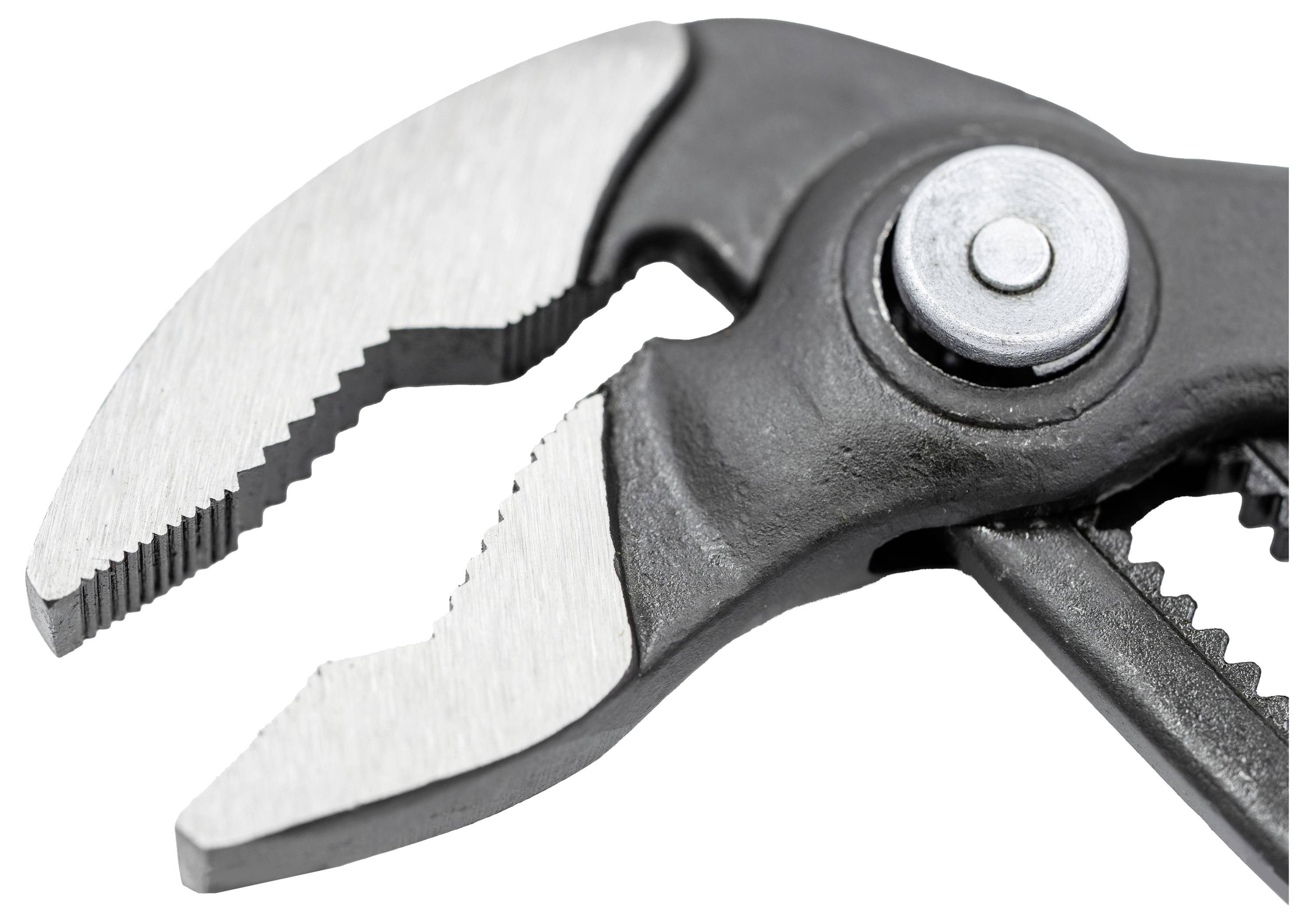 A close-up of the jaws of adjustable pliers with a metal finish, showcasing their gripping mechanism and serrated edges.