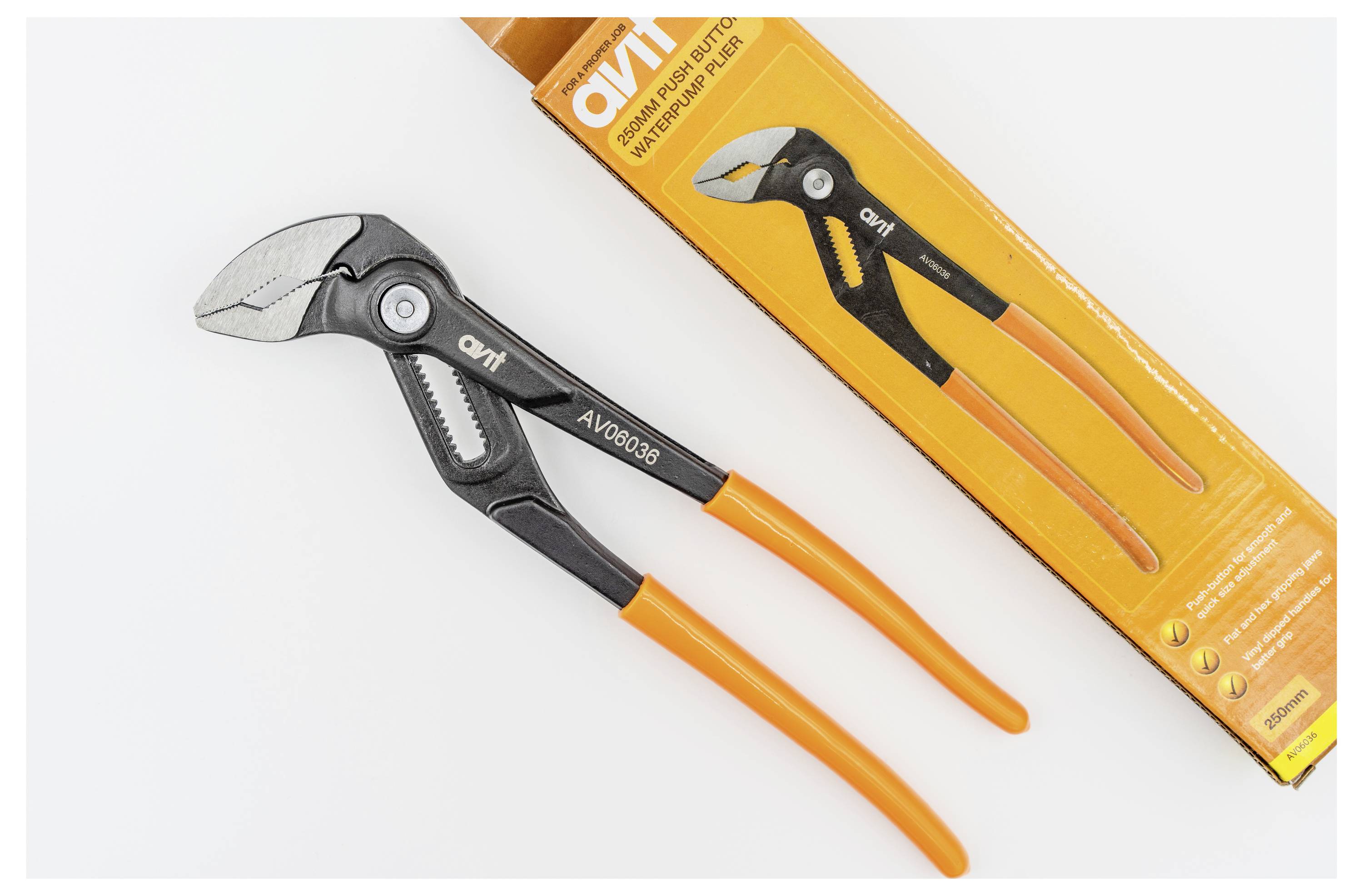 A pair of orange-handled pliers is placed next to its matching rectangular box with similar branding.