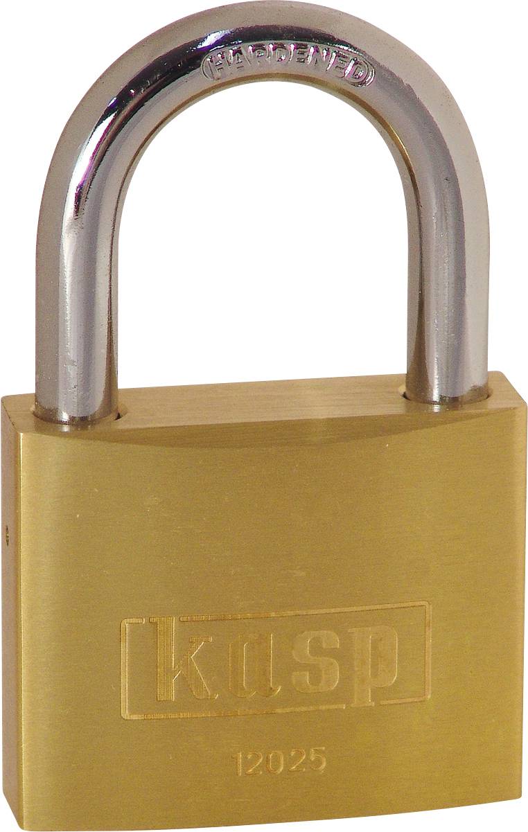 A brass padlock with the brand name visible on the front.