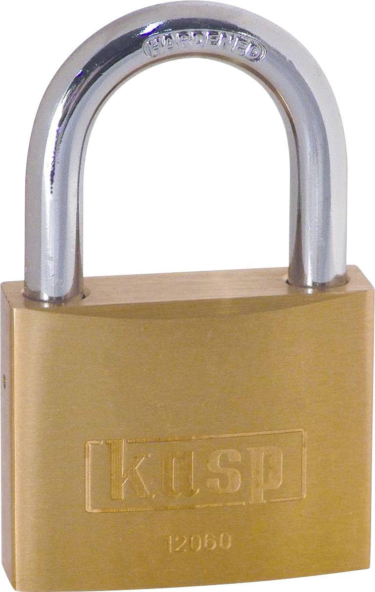 A brass padlock with a chrome shackle, embossed with 'KUSP' and '12050'. The word 'reserved' appears on the top.