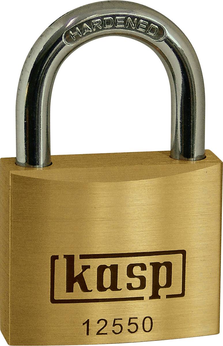 A brass padlock with a chrome shackle engraved with the word 'HARDENED'. The body is labeled 'kasp 12550'.