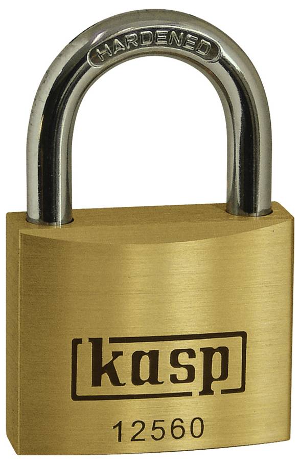 A brass padlock with a silver shackle. The brand name 'kasp' and number '12560' are engraved on the front.