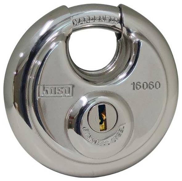 A round stainless steel padlock with the brand name 'IKSP' and number '16060' engraved, featuring a keyhole at the bottom.