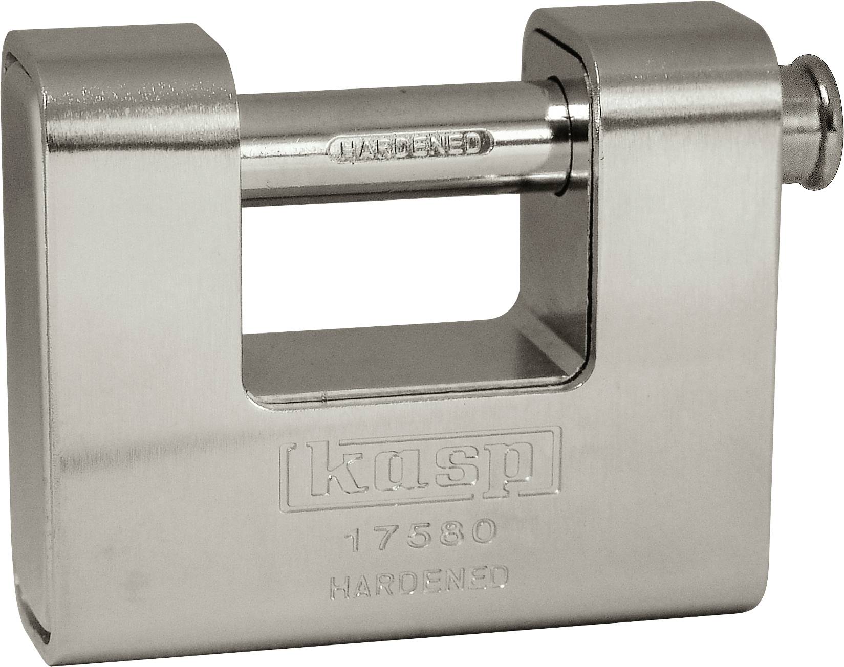 A silver rectangular padlock with the brand 'kasp' embossed, showing a hardened shackle.