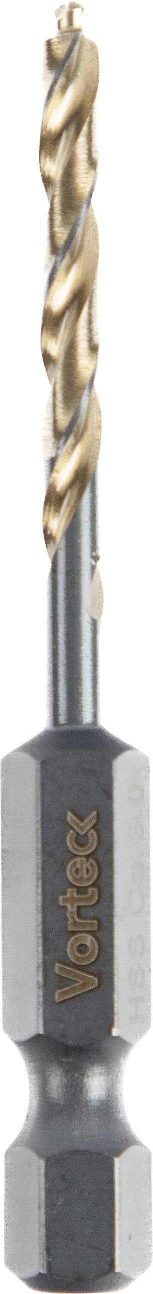A metal drill bit with a spiral design, labeled 'Vortex' on the shank.