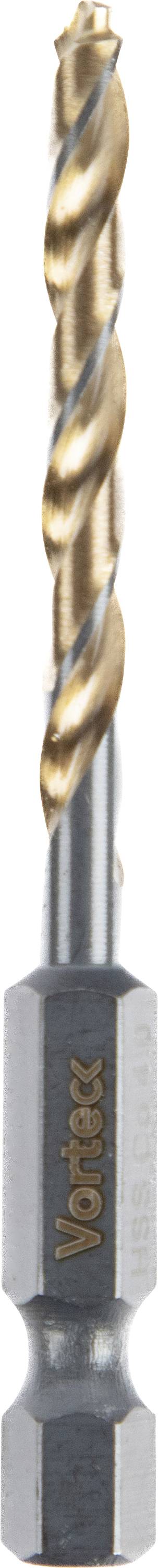 A metal drill bit with a spiraled design, featuring a gold-colored coating along the cutting edge, designed for use in a drill tool.