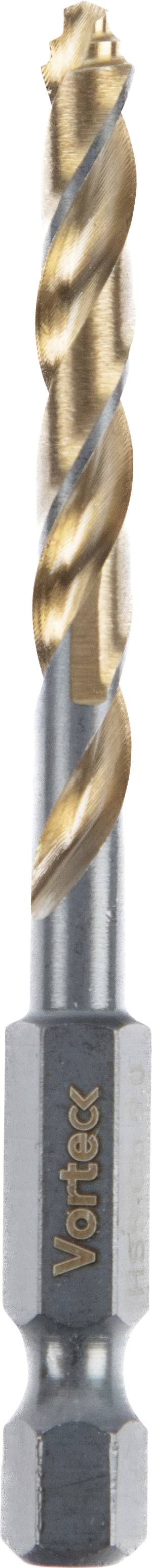 A close-up image of a metal drill bit with a spiral design and hexagonal base, used for drilling holes in various materials.