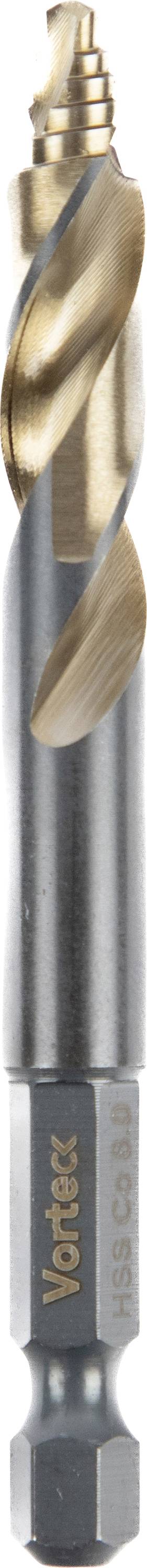 Close-up of a Vortex industrial drill bit featuring a spiral design with a gold and silver finish.