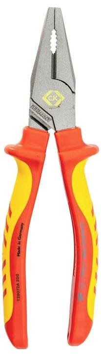 A pair of red and yellow insulated pliers with a metal gripping head, designed for electrical work, displaying safety markings on the handles.