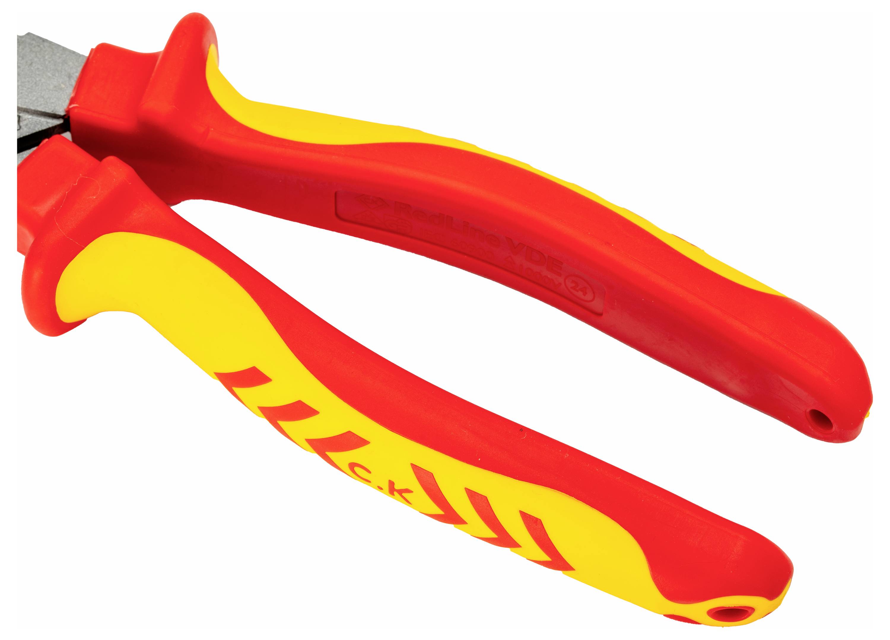 Insulated pliers with red and yellow handles for electrical work, showing brand name 'C.K' on one handle.