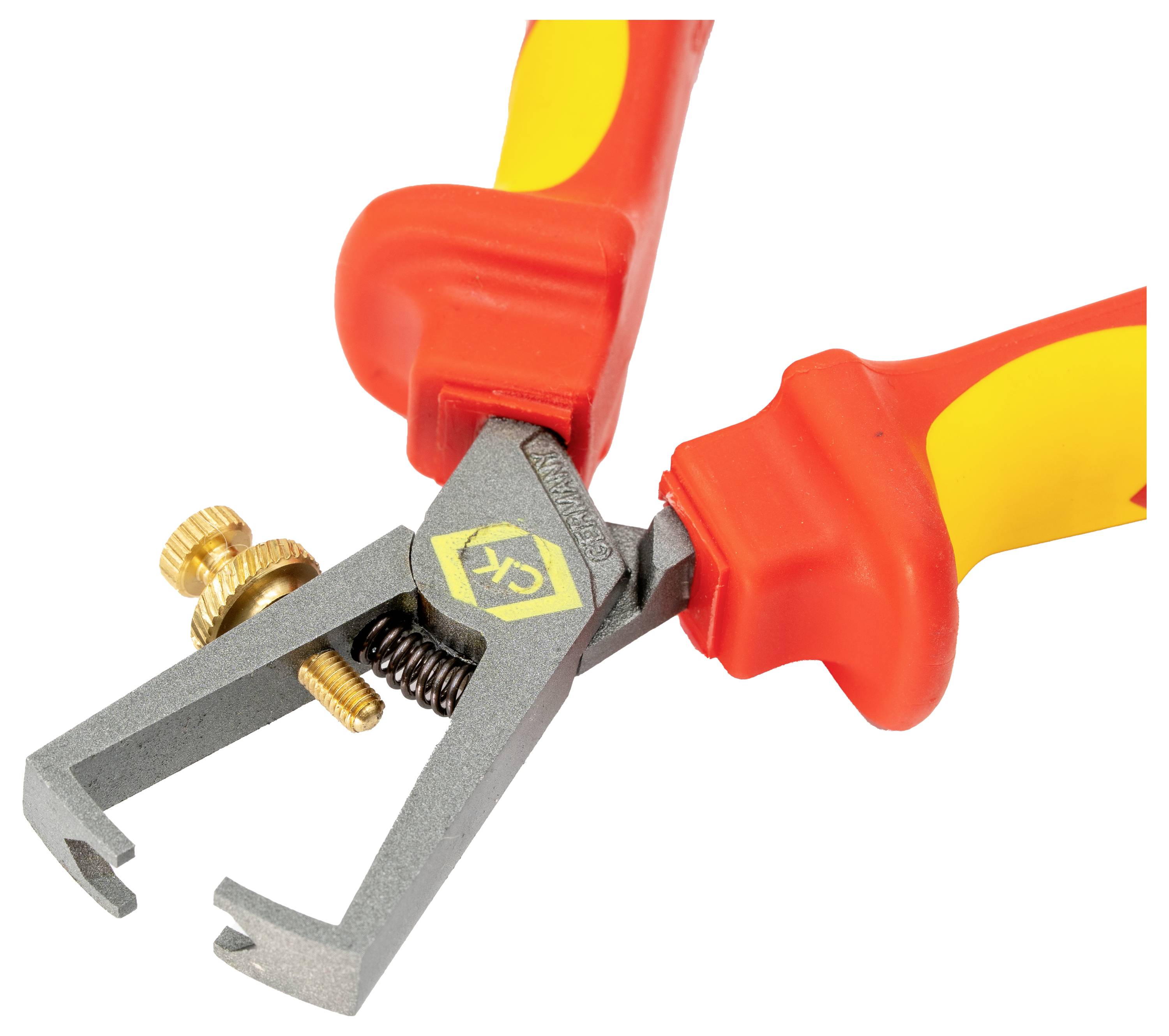 Wire stripping tool with red and yellow insulated handles, featuring a screw adjustment for wire thickness.
