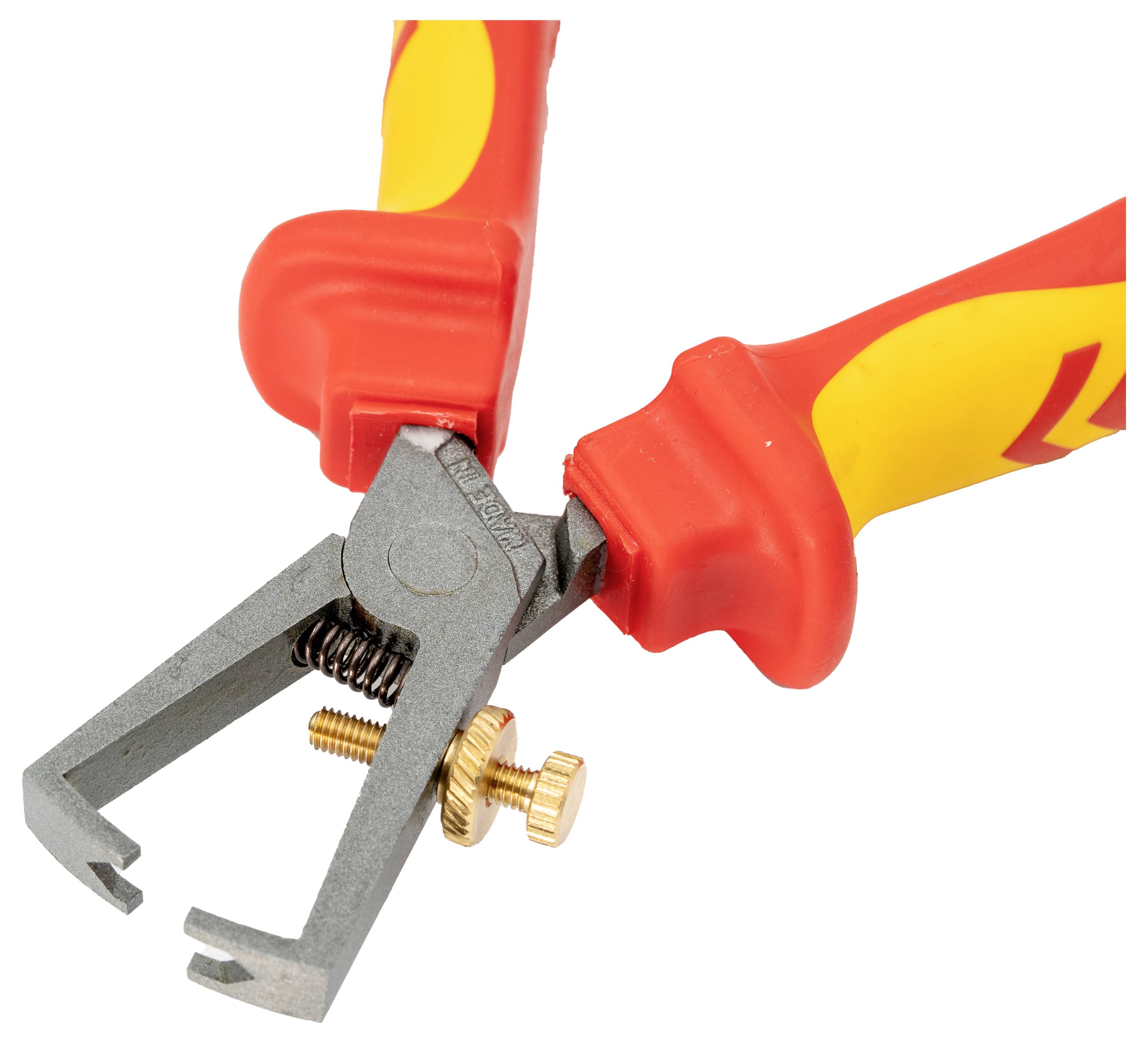 Red and yellow insulated pliers with an adjustable screw mechanism, designed for gripping and twisting wires safely.