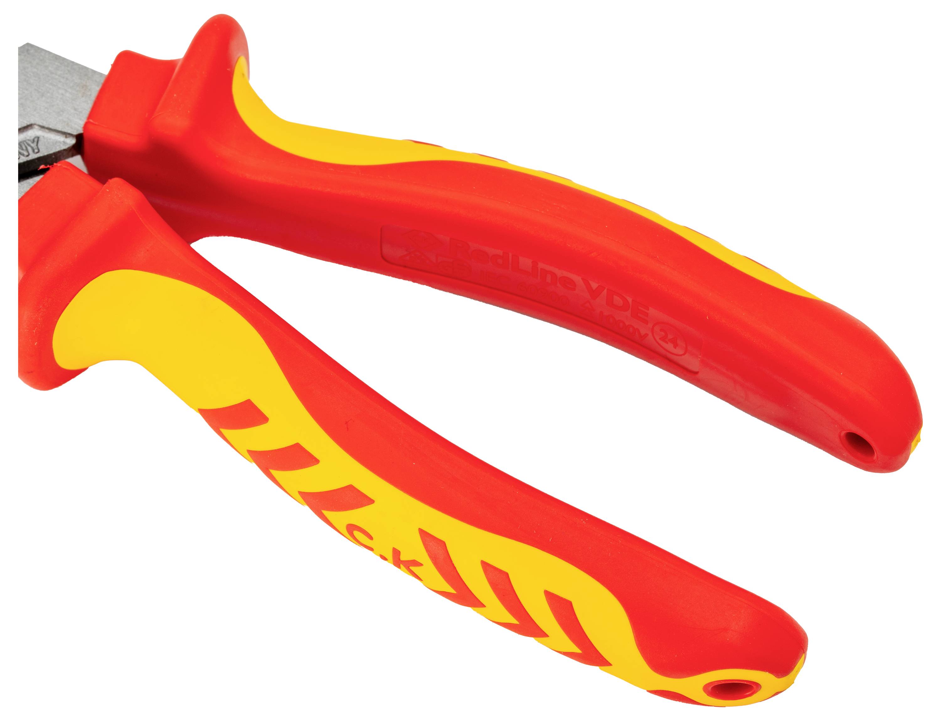 Red and yellow insulated tool handle, designed for safety and grip, often used in electrical work to prevent electric shock.