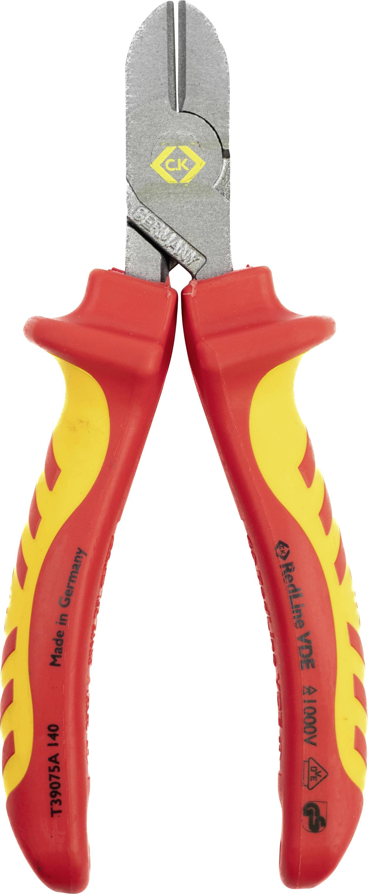 A pair of insulated red and yellow wire cutters designed for electrical work, with ergonomic grips and a cutting blade.