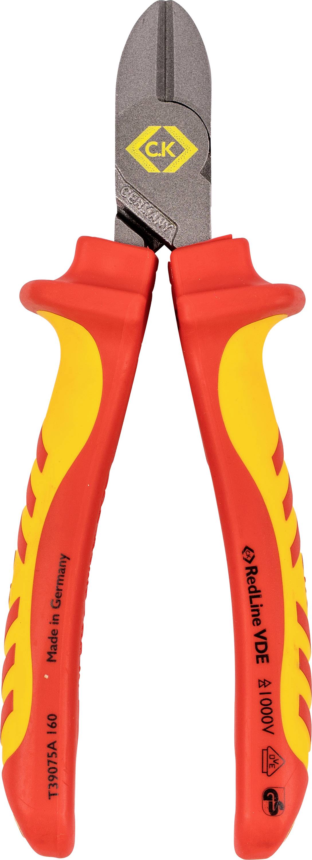 Diagonal cutting pliers with red and yellow handles, featuring a safety logo on the upper section, designed for electrical work.