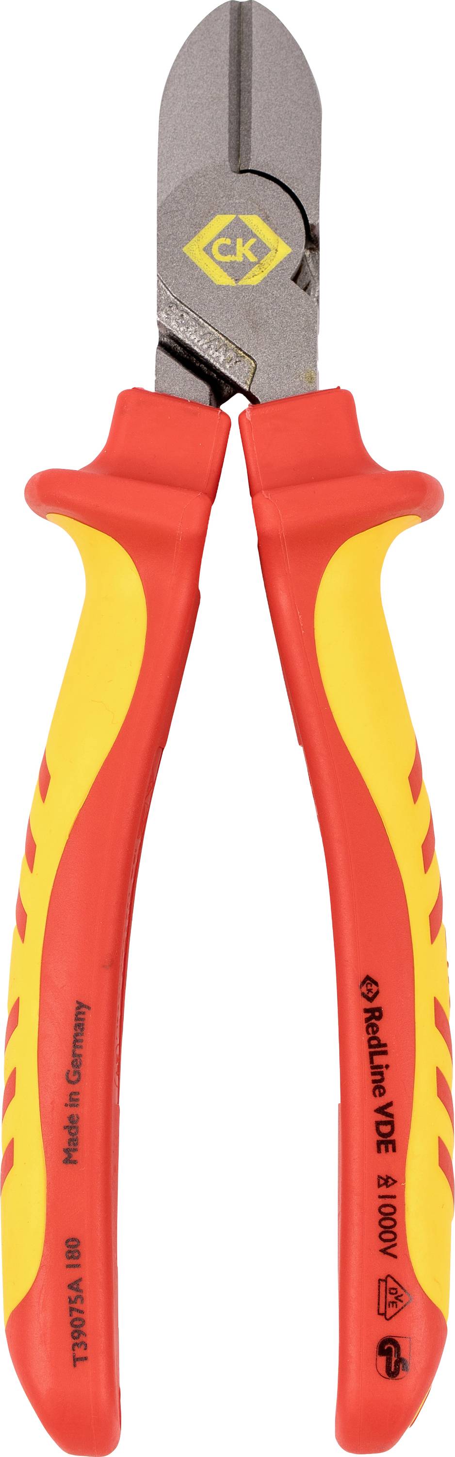 Red and yellow insulated diagonal cutting pliers designed for safe work with up to 1000V, featuring a precise, sharp cutting edge.