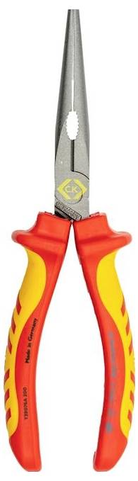 Needle-nose pliers with insulated red and yellow handles, designed for precision work and electrical safety.