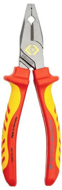 Red and yellow insulated diagonal cutting pliers with a silver metal head, designed for electrical work. The handles feature a textured grip.