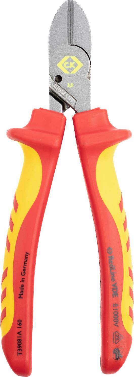 Diagonal cutting pliers with red and yellow insulated handles designed for electrical work, featuring a silver, sharp cutting head.