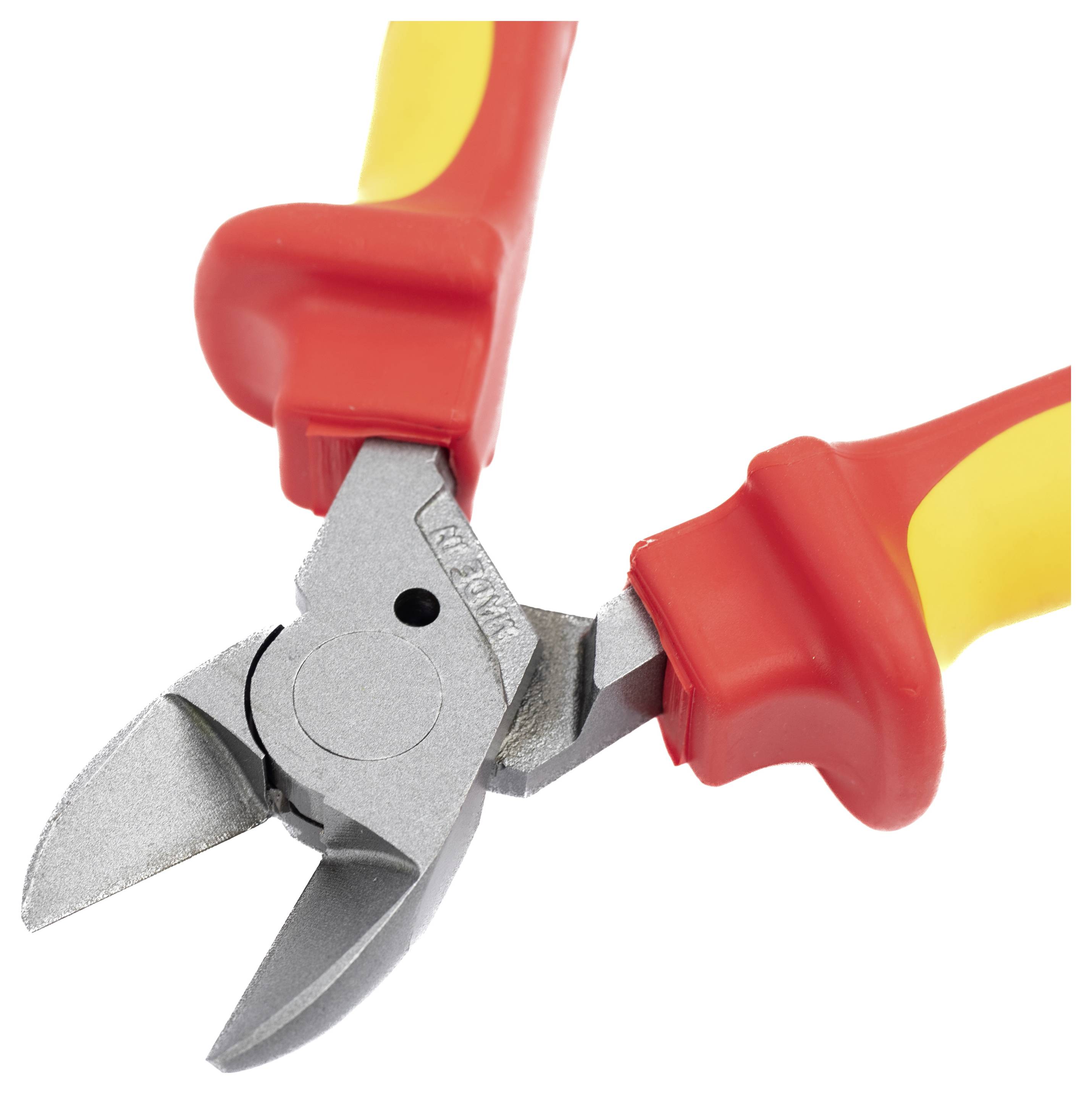 Red and yellow-handled wire cutters with sharp, metal cutting edges facing forward, used for cutting wire or thin metal.