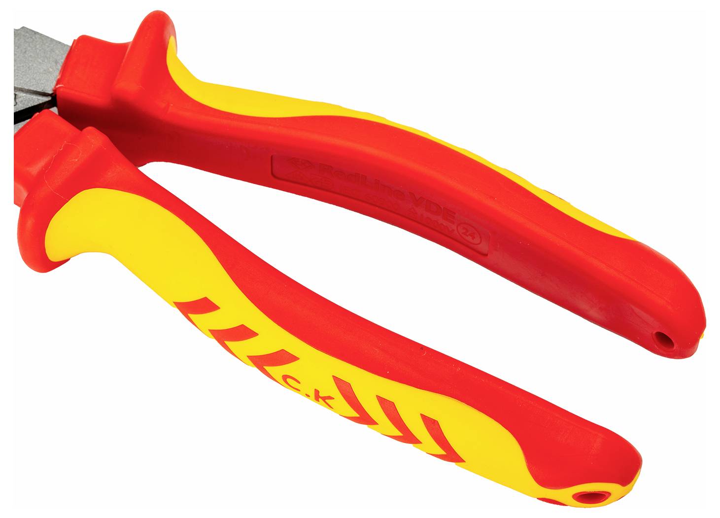 A pair of red and yellow insulated pliers with ergonomic handles designed for electrical work.