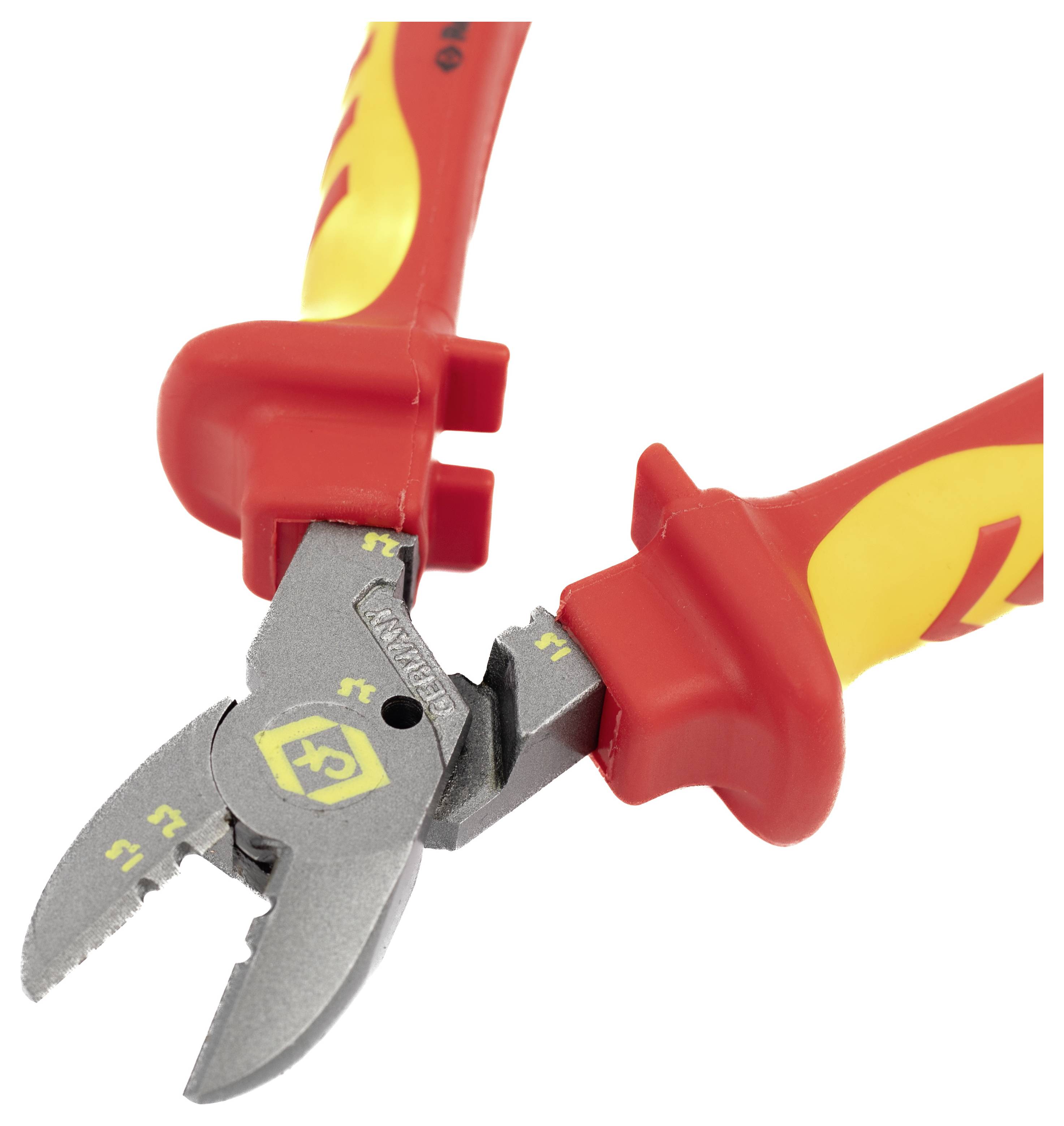Insulated wire cutters with red and yellow handles, featuring a metal cutting blade, suitable for electrical work.