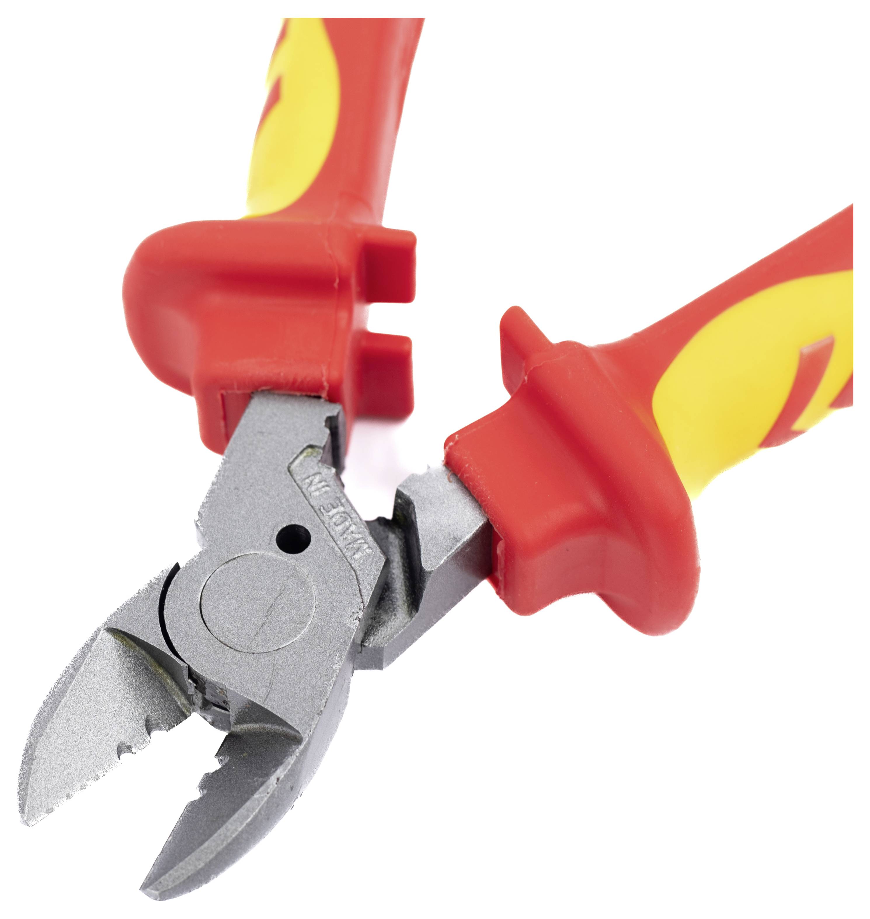Red and yellow insulated wire cutter with textured steel jaws, positioned slightly open, on a white background.
