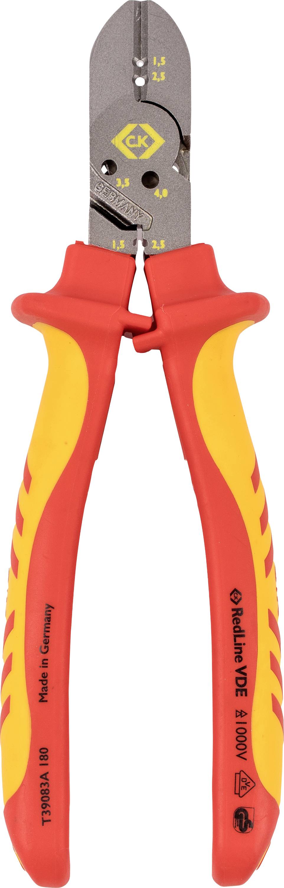 Red and yellow insulated wire stripper pliers with 'Made in Germany' and '1000V' markings, suitable for electrical work.