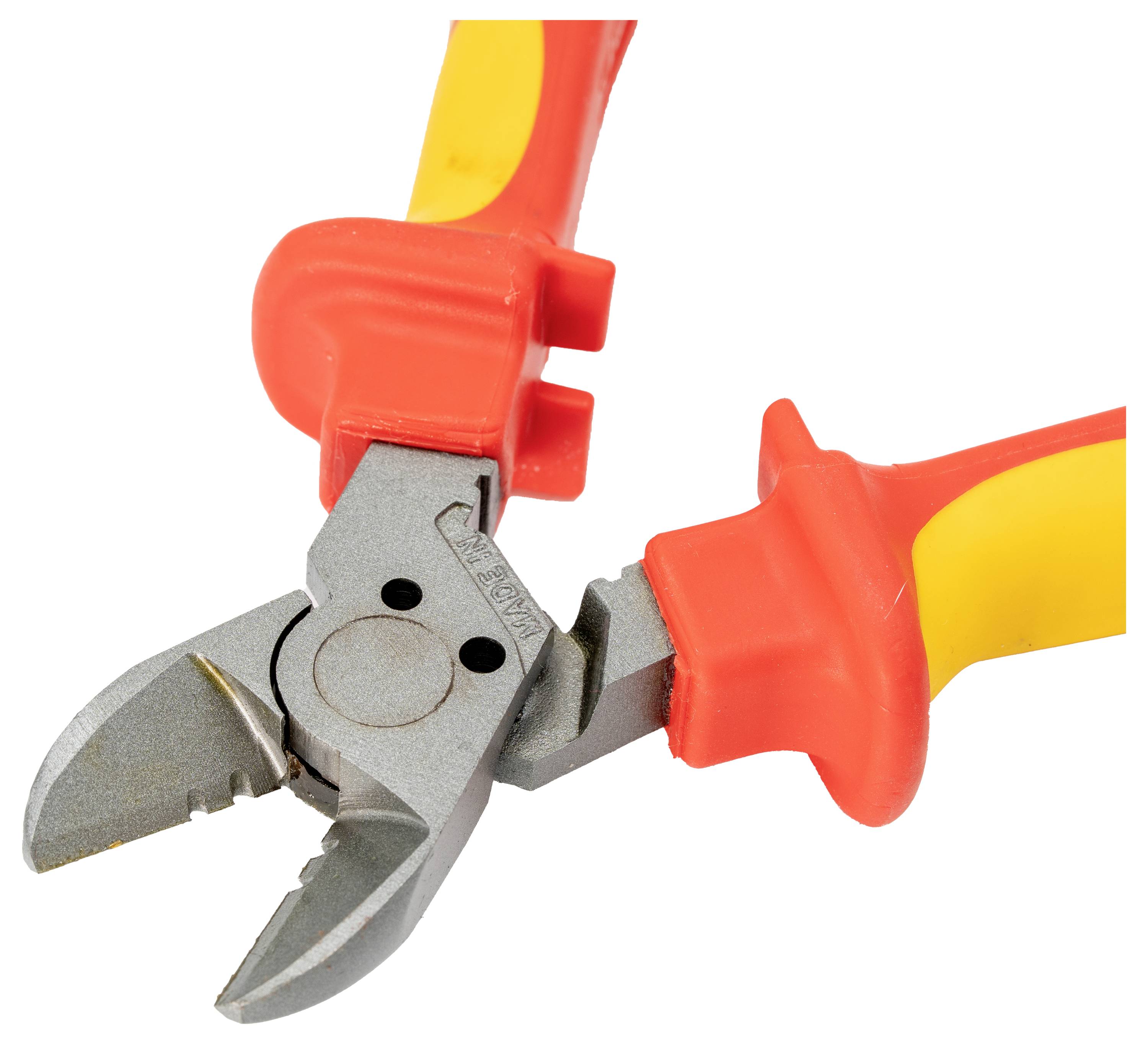 Red and yellow insulated diagonal cutting pliers with sharp metal jaws designed for electrical work and wire cutting.