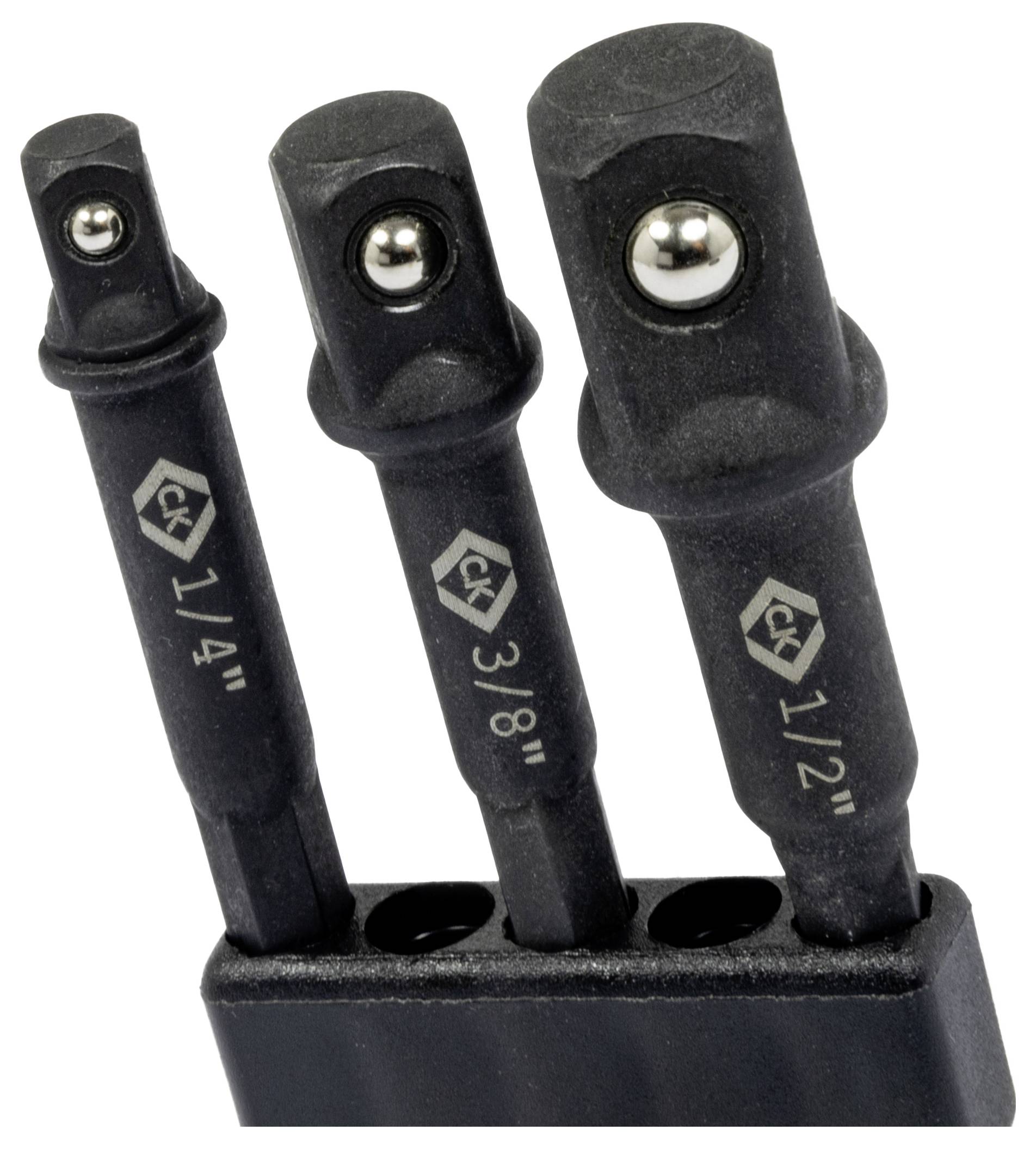 Three socket adapters with ball detents for secure attachment; sizes labeled '1/4'', 3/8'', and 1/2''; black finish.
