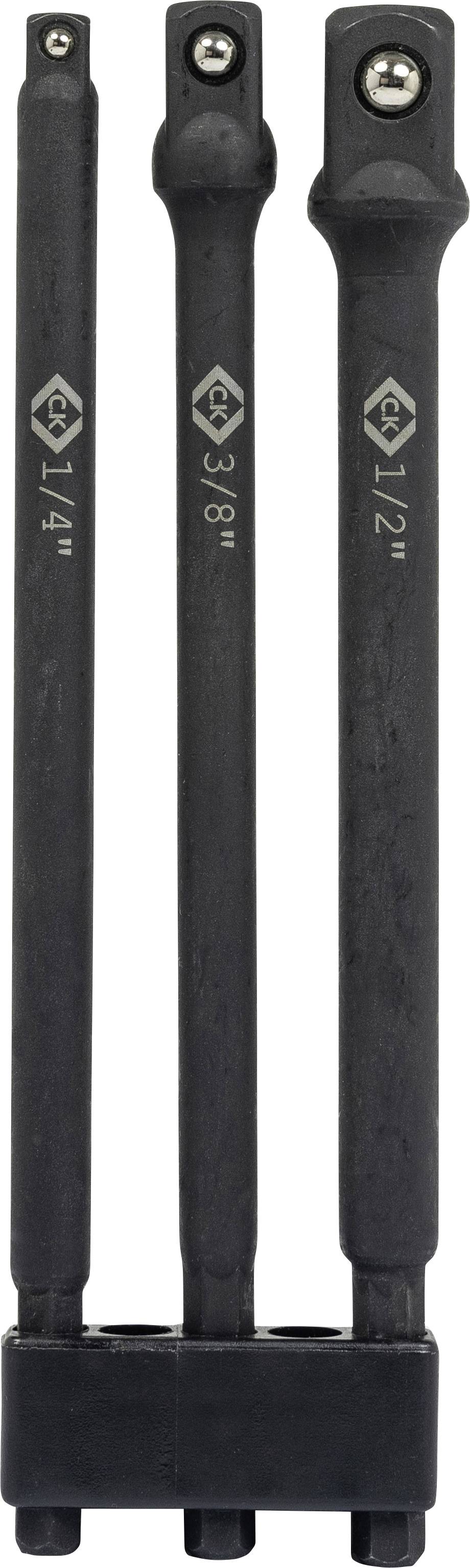 Three black socket extension bars of different lengths, labeled '1/4