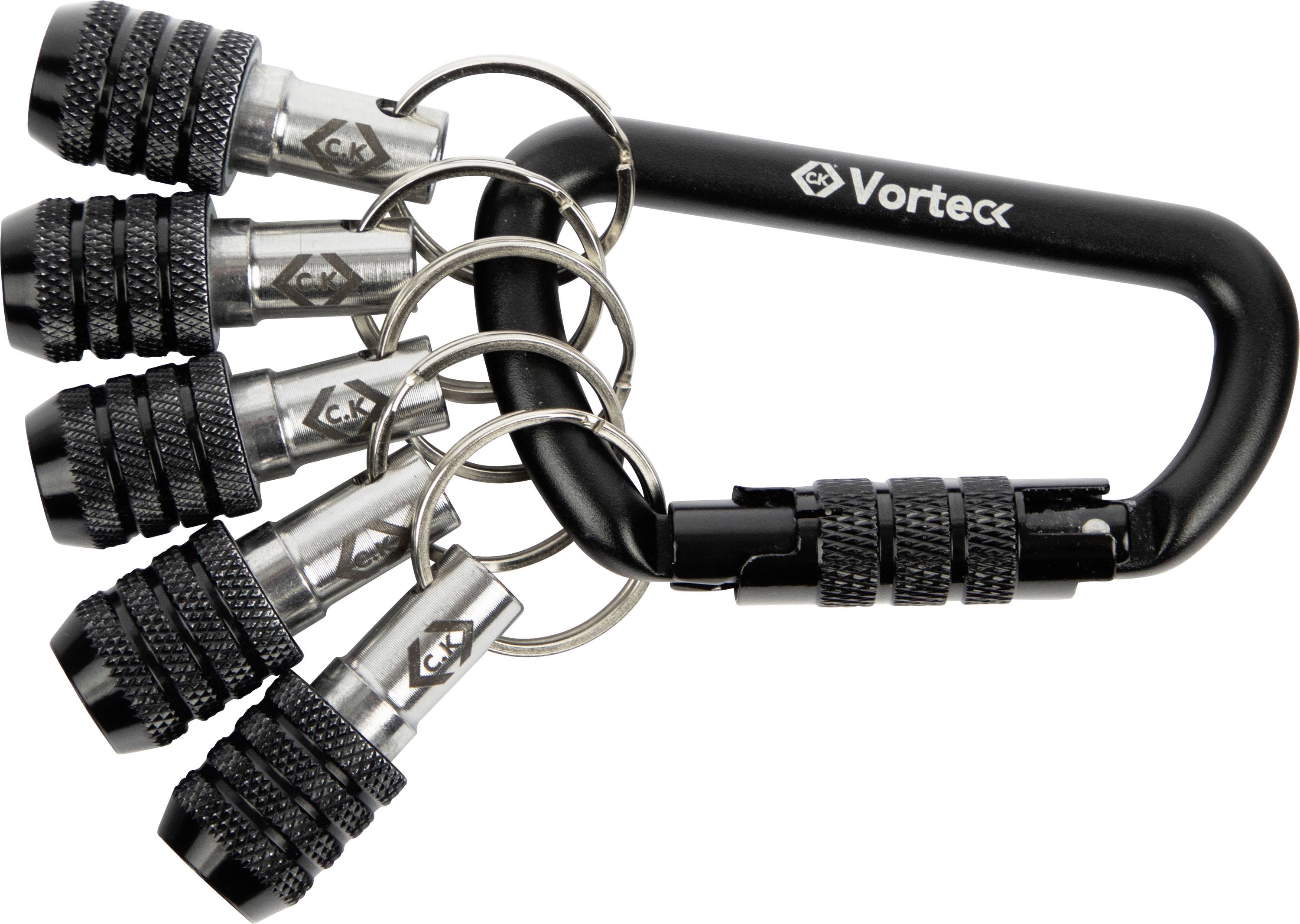 'Vortex' branded black carabiner with five detachable key rings, each featuring a knurled grip design for secure attachment.