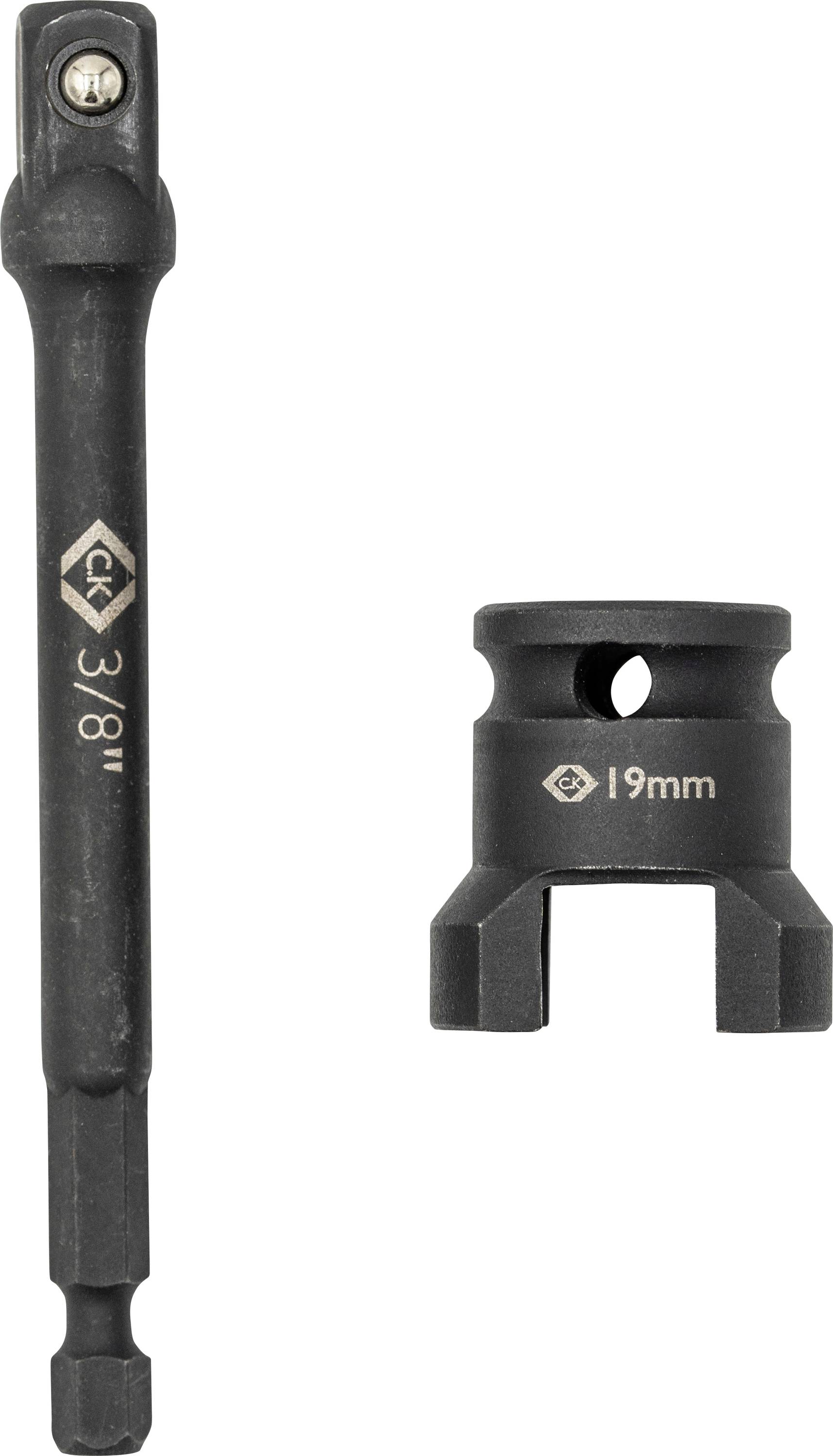 A 3/8-inch hex socket adapter next to a 19mm socket with notches, used for attaching sockets to drills or impact drivers for mechanical use.