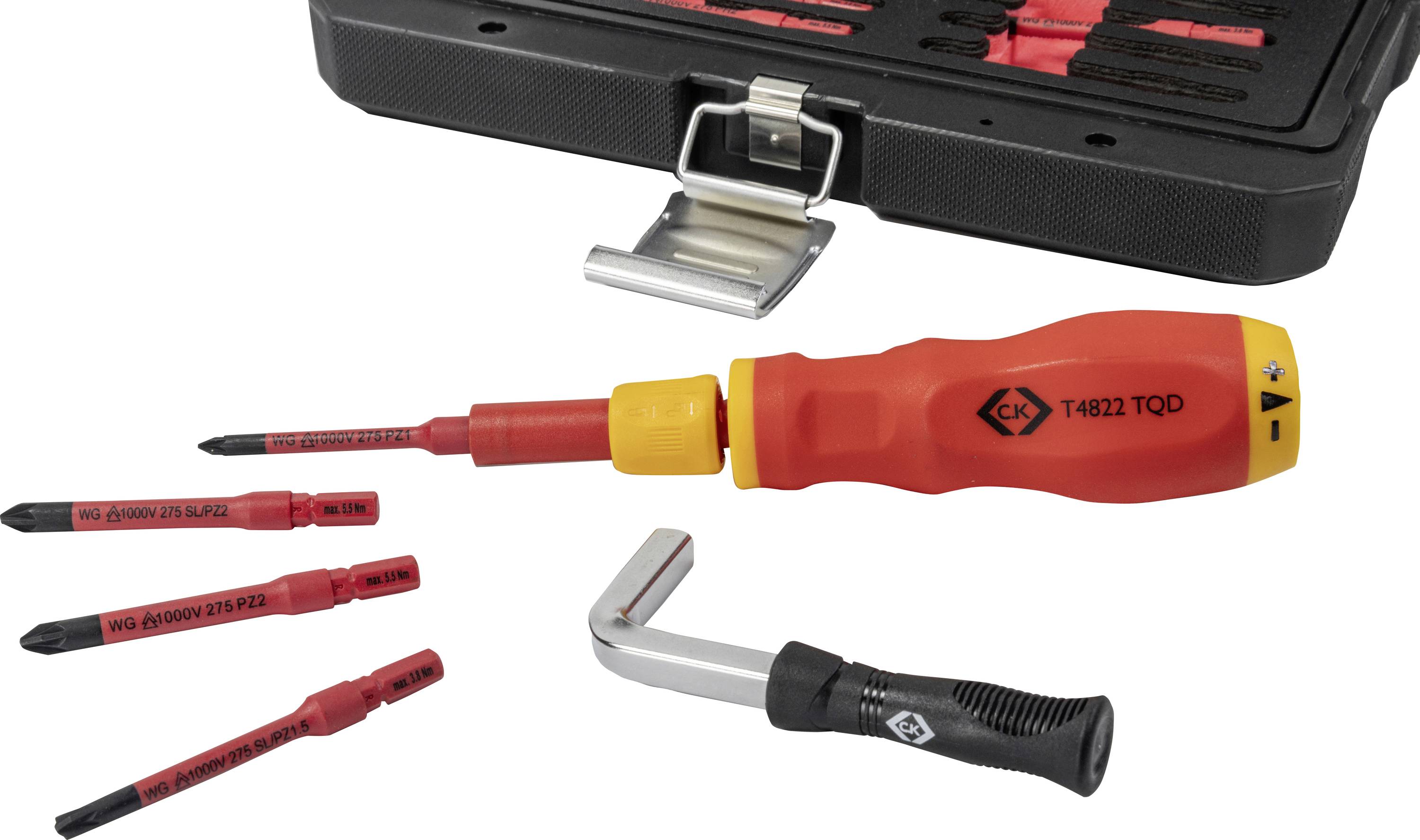Screwdriver set with interchangeable insulated bits and case. Includes multiple bit sizes and a compact storage solution for safety.
