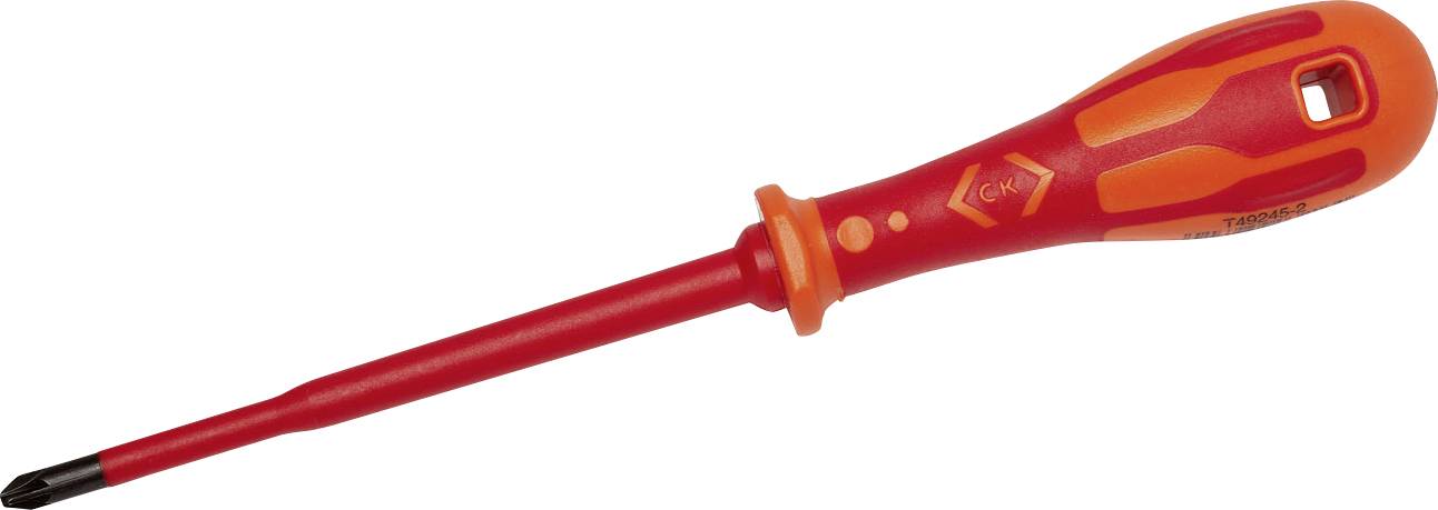 An insulated screwdriver with a red and orange handle and a Phillips head, designed for electrical work to ensure safety and prevent shocks.