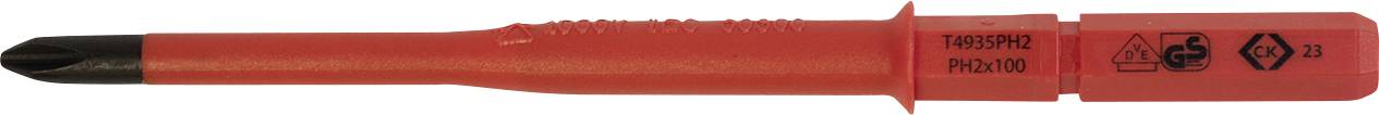 A red insulated probe for testing electrical circuits, featuring warning symbols indicating voltage rating and safety compliance.