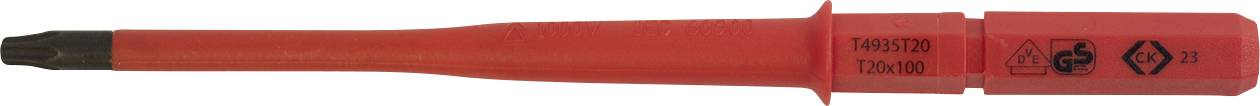 Red insulated screwdriver with safety certification markings on the handle, designed for electrical work.