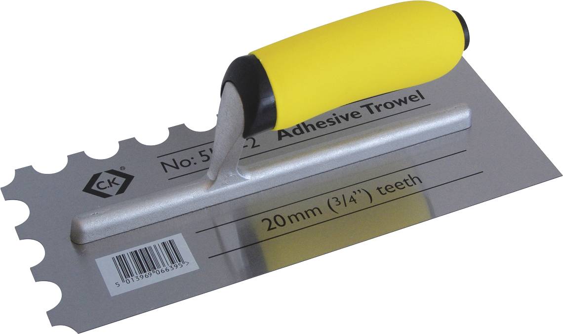 A metal adhesive trowel with a yellow handle, labeled 'No: 52 622 Adhesive Trowel', featuring a 20mm (3/4