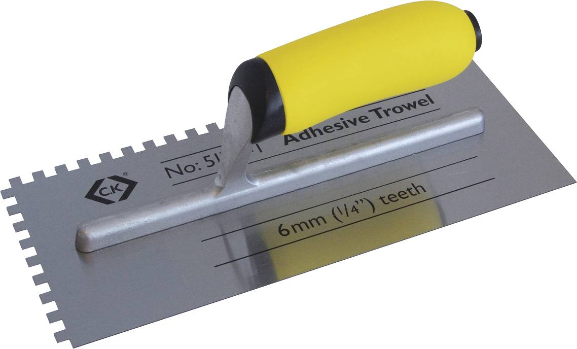 A trowel with a yellow handle and notched edge, labeled 'Adhesive Trowel' with '6mm (1/4