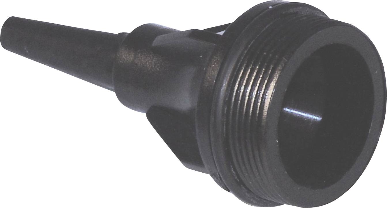 A black plastic threaded nozzle adapter with a tapered end, typically used for connecting hoses or pipes in various applications.